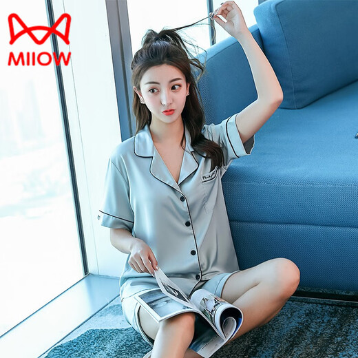 Catman (Miiow) pantalones cortos de manga corta Pajamas Seda de hielo para mujeres Nuevo color sólido de verano