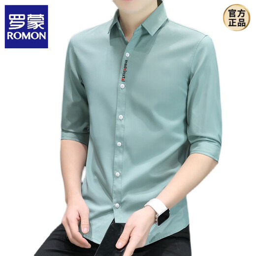 ROMON shirt men's short-sleeved ice silk Korean version men's casual five-point sleeve shirt trendy handsome summer mid-sleeved solid color inch clothes 682 gray XL 120-133Jin [Jin equals 0.5 kg]