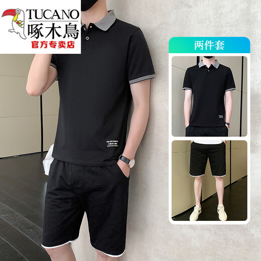 Woodpecker (Tucano) Freizeitanzug Herren Sommer kurzärmelig T-Shirt Polo-Hemd Shorts Ice Silk Trendy Marke Baumwolle hübsche vielseitige Kleidung schwarz 9863 (ein Set) 2xl