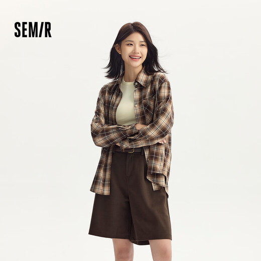 Semir long-sleeved shirt for women mid-length lazy loose off-shoulder autumn chic retro plaid shirt 101524105004