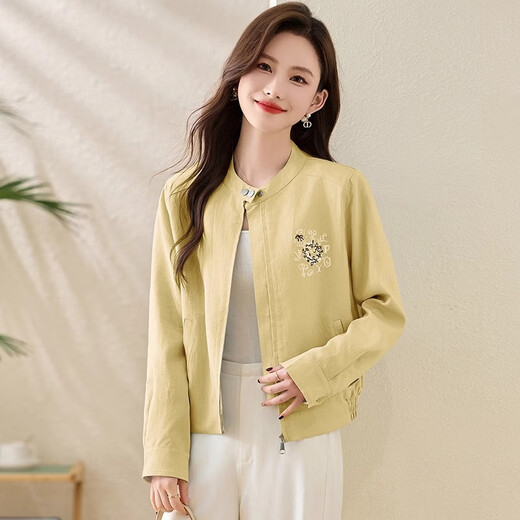 
ROMON (ROMON) jacket for women with high-end embroidered cotton linen short spring and autumn 2025 new lace spliced ​​stand-up collar jacket top baseball uniform light blue S