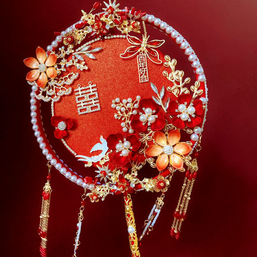 Chinesisches rotes Gold doppelseitig Doppelkreis Runde Lüfter DIY Materialbeutel fertig Produkt Braut Hochzeit Drache Phoenix XiUhe Kleidung Handheld Bouquet Red Make-up/weiße Materialtasche
