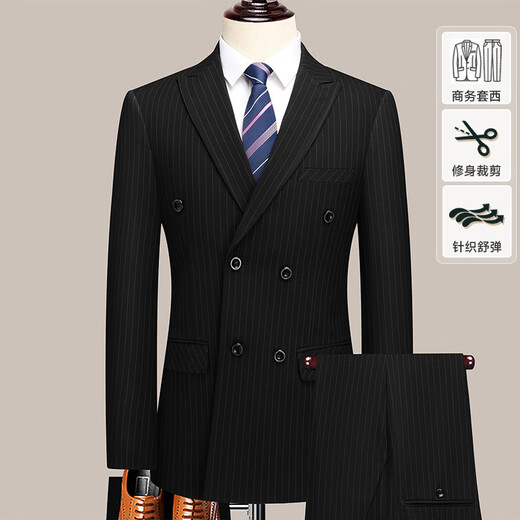 TPZBWG high-end brand double-breasted suit suit set for men 2025 new business casual collar two-piece set black M 170