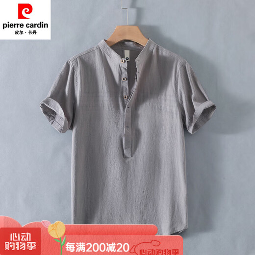 皮尔卡丹（pierre cardin）亨利领亚麻短袖衬衫男无领男士棉麻衬衣t恤上衣polo衫夏季中国风 黑色 3XL 均码