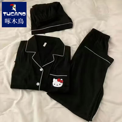 Woodpecker HelloKitty pure cotton gauze pajamas for women in summer short-sleeved 2025 new cute three-piece set home clothing Yunduo Cotton-J9901# Paradise Puppy Three-piece Set M [Suggestion 75-100Jin [Jin equals 0.5 kg]]