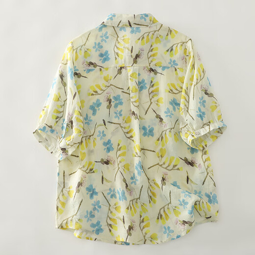 TUM! Hong Kong style retro printed cotton and linen short-sleeved shirt for women's summer large size loose and slim and breathable linen temperament elegant top yellow 1278 M recommended 115 Jin [Jin equals 0.5 kg] or less