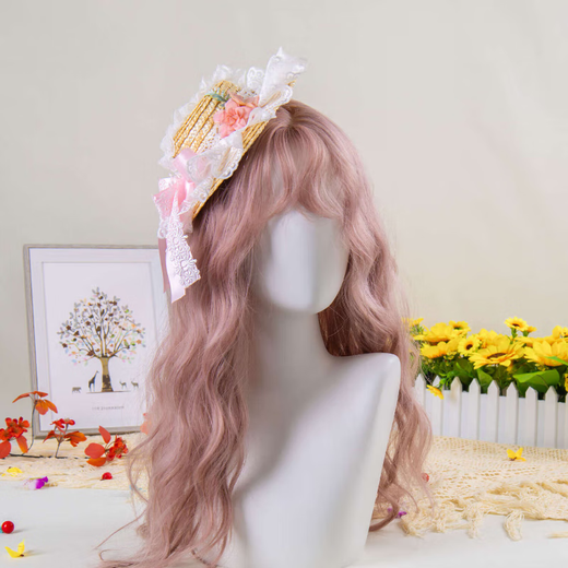 CLCEY design straw hat elegant forest style flat hat lace bow hairpin small top hat blue