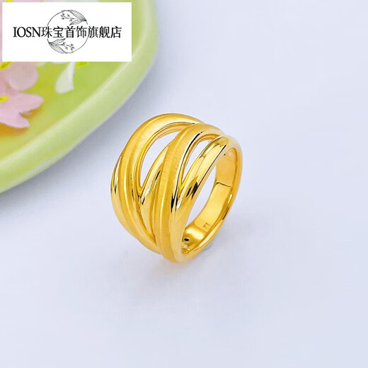Iosn5D hard gold gold five-ring ring for women 999 solid gold interlocking brushed shiny ring index finger ring for girlfriend 16# about 2.60g