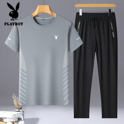 Playboy (Playboy) kurzärmeliger Anzug Herren Sommer Dünner Ice Seidenanzug Herren-Kurzärmel-Hosen Zweiteiler zweiköpfiger Set Casual Atemable Toting-Übung 9901 Black M Empfohlen 80-100jin [Jin entspricht 0,5 kg]