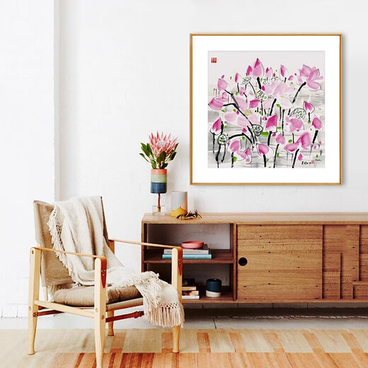 Qiao painted Wu Guanzhong Yingri lotus new Chinese style ink simple Chinese painting corridor bedroom living room entrance hall painting restaurant decoration painting 4 lotus 120*120cm hand-painted oil painting + aluminum alloy frame