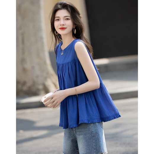 
Demana [Klein Blue] Summer Gentle Cotton Shirt Sleeveless Spliced ​​Loose Small Shirt Women's Top