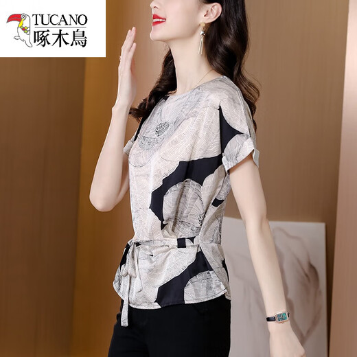 Woodpecker cool counter genuine silk short-sleeved T-shirt for women 2025 summer new fashionable fashionable small shirt high-end mulberry silk 9918 peony M