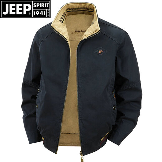 Jeep (JEEP) reversible jacket men's autumn and winter stand-up collar casual top large size loose middle-aged jacket reversible coat for men black and blue reverse khaki XL recommended weight 145Jin Jin equals about 0.5 kg