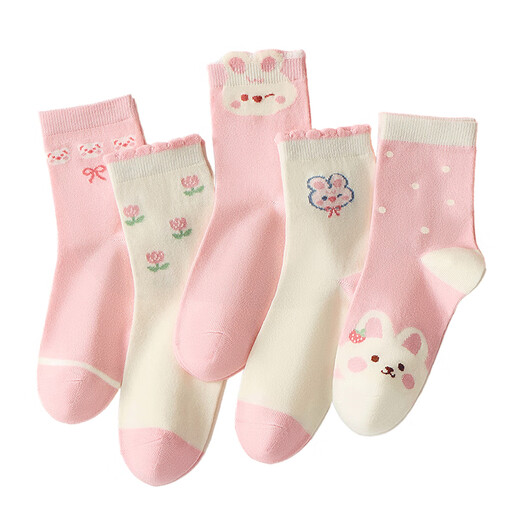 Urban Beauty Children's Socks Girls' Four Seasons Mid-Tube Cotton Socks Cute Bunny Sweet Girls Long Socks 5 Pairs 2XL