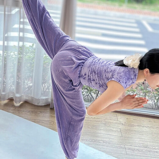 Shuangxiu New Chinese Yoga Wear Set 2025 New Cheongsam Collar National Style Pilates Beautiful Training Purple Sports Top Zizhuyin Top + Purple Pants Set L 110-120