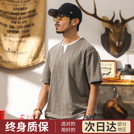 Jiaojing American retro fake two-piece bamboo cotton cool short-sleeved t-shirt for men 2025 summer henley collar polo shirt for men khaki_Weight 230g L_Suitable for 125-145Jin Jin is equal to 0.5 kg