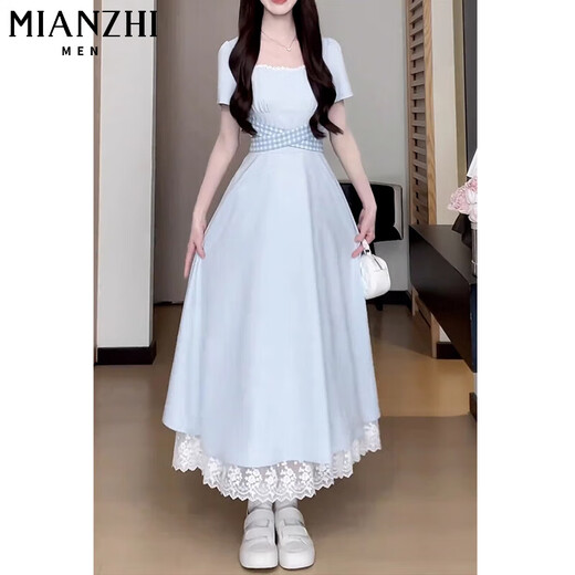 
Cotton French lace splicing dress for women in summer 2025 new dopamine temperament square collar fashion waist long skirt 4059 light blue [high quality 52.5] L 100-110Jin [Jin equals 0.5 kg]