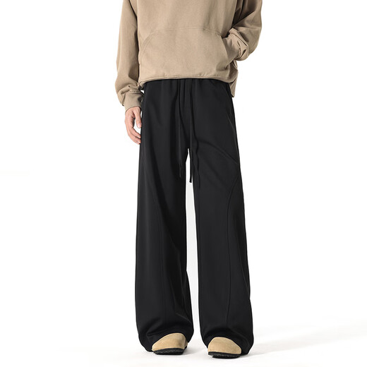 Homlean American solid color sports casual pants for autumn men's simple fashion loose straight wide leg long pants JX15 black XL