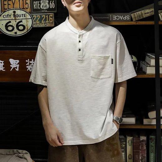 JEEP SPIRIT美式经典复古短袖POLO衫男夏季竹节棉宽松亨利领阿美咔叽工装T恤 白色 3XL