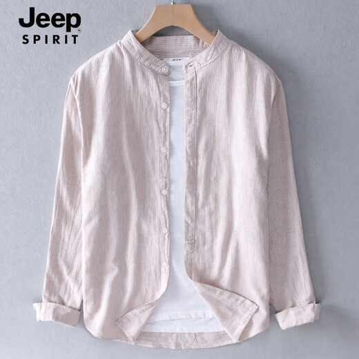 JEEP SPIRIT весенне-летняя льняная рубашка с круглым вырезом, мужская с небольшим воротником-стойкой, повседневная рубашка с длинными рукавами, куртка без воротника, верхняя одежда из хлопка и льна, тонкая 9207, зеленый в стиле милитари M