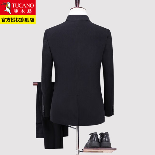 Woodpecker Business Suit Suit Men's Slim Youth Professional Wear Formal Work Suit Wedding Groom's Dress Jacket Two-button Black + Pants + Shirt + Free Leather Tie L - Pants size can be noted