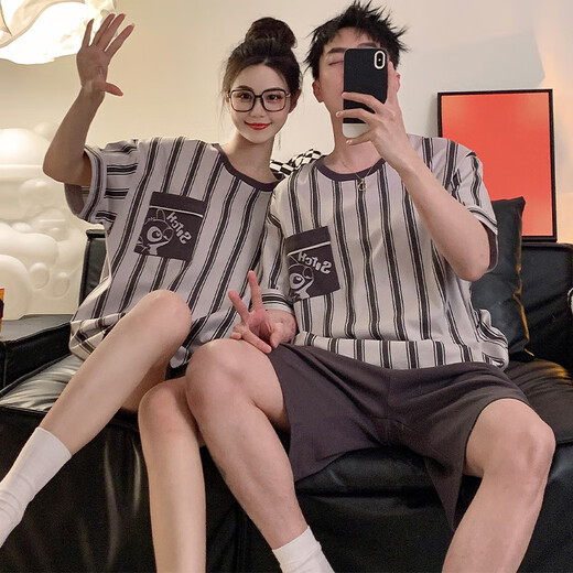 雅鹿带胸垫情侣睡衣夏纯棉短袖甜美卡通薄款可外穿家居服套装一男一女 691 M 女送男L
