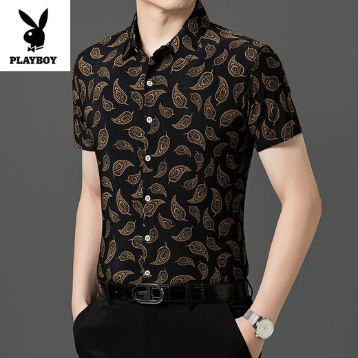 Playboy (Playboy) 2025 bedrucktes Hemd Herren Kurzarm Top Sommer Dünne lässige halbe Ärmel -Hemdjacke Herren -Inch -Hemd 9898 [Kurzarm] XL (175)