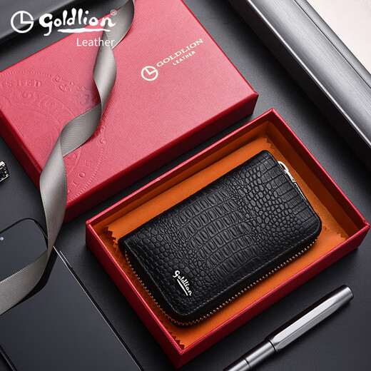 
Goldlion key bag for men's large capacity genuine leather crocodile pattern universal multi-functional zipper cowhide card bag key bag [Black-grass] official fake one and three free gifts