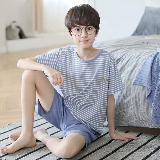Capítulo genial (Kuzhang) Pajamas de pijamas de niños Nuevo algodón puro traje de manga corta para niños grandes niños delgados de algodón de algodón de algodón de algodón para el hogar N6629. Doble corto 115 12 Altura recomendada de tamaño - 125 cm