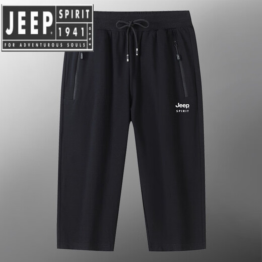 JEEP SPIRIT cotton sports cropped pants men's summer loose straight large size stretch breathable comfortable casual shorts 6169 black close M