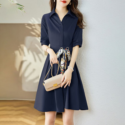 OLJ Light Luxury Brand Dress for Women 2025 Summer NUEVA PERSONA PEQUEÑA SUMERA EXQUISITE Temperamento delgado Falda azul marino L [96-106Jin [Jin equivale a 0.5 kg]]
