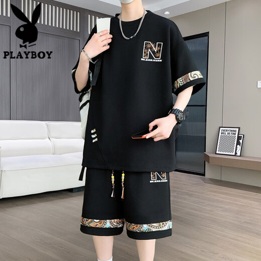 花花公子（PLAYBOY）夏季新款大码休闲运动套装男士短袖短裤两件套潮 【套装】6195：白色 XL (建议130-150斤)