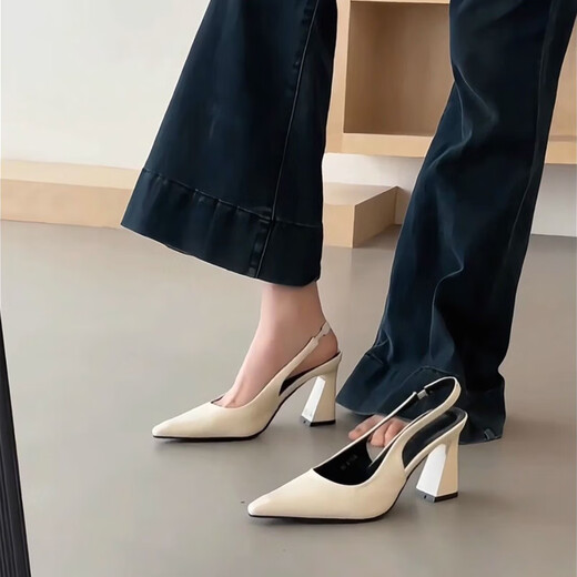 Lekali temperament high heels for women 2025 summer new French thick heel pointed toe sandals fashionable and versatile bag-toe single shoes beige 5cm card size large 38