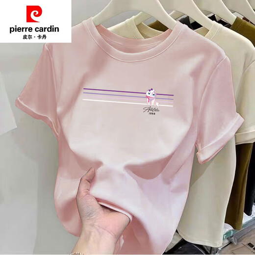 皮尔卡丹（PIERRE CARDIN）夏季2025新款纯棉t恤女士短袖宽松正肩气质别致洋气粉色体恤上衣 6172灰粉 短袖 L (建议105-120斤)