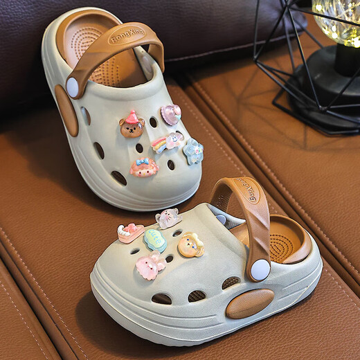 Eva Summer New Two-Color Migne Cartoon Boy and Girl Hole Chaussures Habores non résistants à l'usure des chaussures de trou de maison Khaki [Crystal] 30 longueur intérieure 19cm