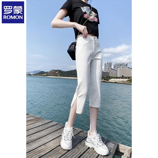 
Romon Cropped Jeans for Women in Summer 2025 New High Waist Slim Small Small Black and Fat mm Slit Large Size Straight Mid-Level Pants 6189 Black Gray XL Recommended 115-130Jin [Jin equals 0.5 kg]