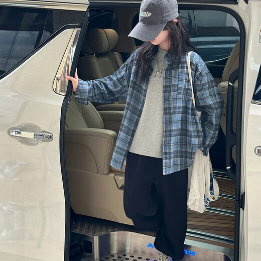 THINKPIRE Girls' Shirt Long Sleeve Children's Plaid Shirt Jacket 2026 New Girls Spring Clothes Fashionable Children's Clothes Thin Top Blue Size 150 Recommended Height 145CM