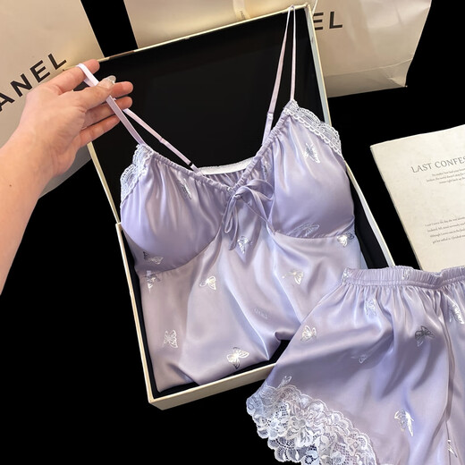 Pyjama à bretelles en soie glacée pour femmes, gilet d'été fin haut de gamme, short, ensemble deux pièces de Style coréen, vêtements de maison pour filles 832-1 violet XL dans 130