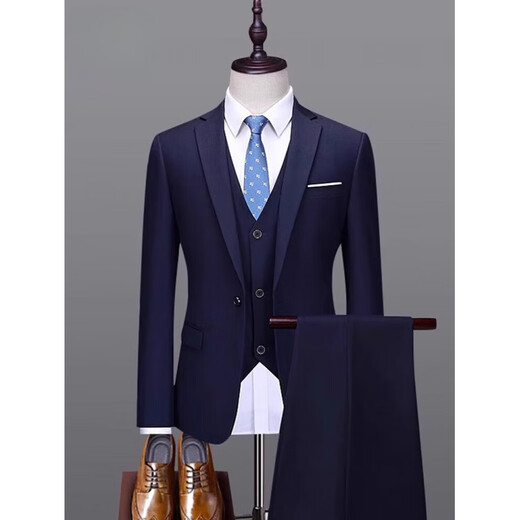GOLDLION G+ Men's Suit Suit High-end Slim Business Formal Wear Men's Korean Style Professional Suit Wedding Groom's Wedding Dress Black Single Button Four-piece Suit + Vest + Shirt + Pants 5XL