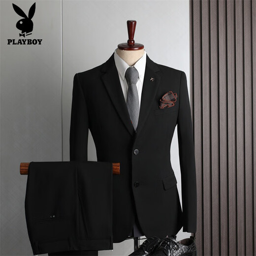 Playboy (PLAYBOY) Official Double-breasted Men's Suit Striped Stretch Casual Banquet Groom Wedding Dress Suit Double-breasted Classic Black (Jacket + Pants) XL