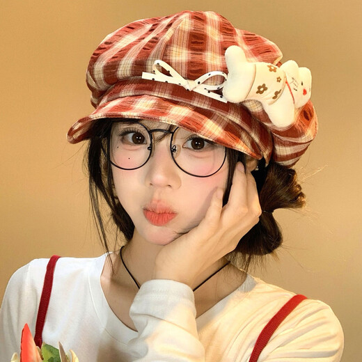 QUEEN TRIP Cute Kitten Bow Plaid Beret Women's Face Revealing Small Flap Octagon Hat Big Head Newsboy Painter Hat Red-Kitten Bow Plaid Beret