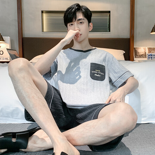 Hongdou (Hodo) pijama para hombres en verano pantalones cortos de algodón puro para jóvenes verano delgado de gran tamaño para ropa para al aire libre juego de ropa para el hogar HD-9928 L