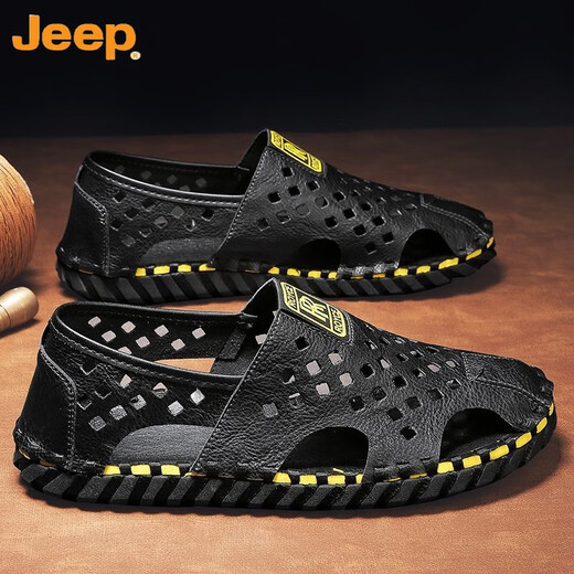 Jeep (Jeep) Sandales pour hommes 2021 Nouveau extérieur tendance Vietnam Baotou Sandales Geuthene Leather Beach Sandales conduisant des pantoufles d'été 12033 Black Hongyun 39
