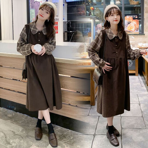 Maternity dress spring and autumn new plaid slimming fake two-piece dress loose maternity autumn skirt brown fake two-piece dress L (recommended 115-130 Jin Jin equals 0.5 kg)
