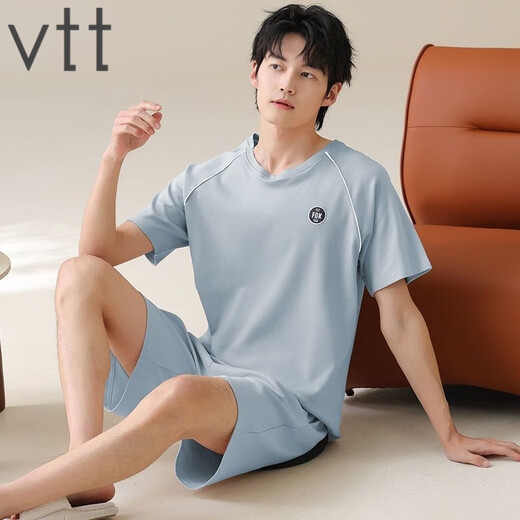 VTT纯棉短袖短裤男家居服套装夏季便携抗菌吸湿排汗可外穿 V短袖套装：OMM13601 L