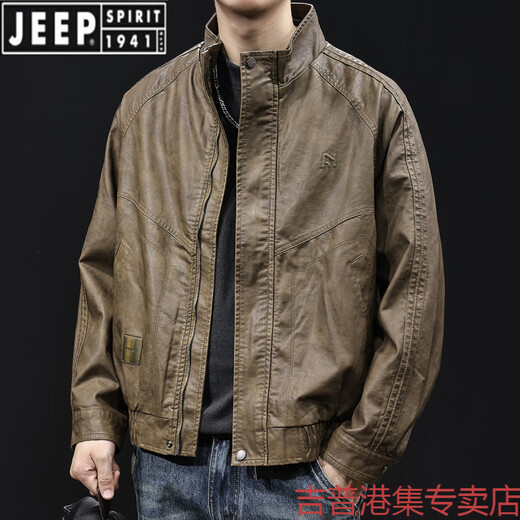 JEEP SPIRIT high-end leather jacket men's autumn and winter 2025 new men's velvet thickening large size trendy brand clothes motorcycle style brown L suitable for 120-140Jin Jin equals 0.5 kg