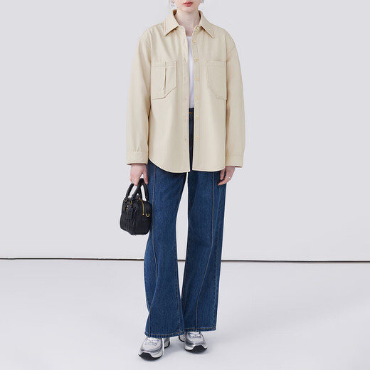 5+ (FivePlus) Lapel Pocket Velvet Long Sleeve Shirt Women's Casual Solid Color Loose Slim Versatile Shirt New Style Apricot S (100Jin Jin is equal to within 0.5kg)