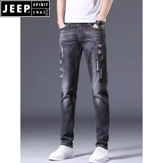 Jeep Spirit Jeans Мужские стройные ноги мужские брюки разорванные модные бренды эластичное похудение 2025 Летние тонкие брюки с длинными мужчинами 6636 черные 30 (2 фута 3) 120jin [Джин равняется 0,5 кг]