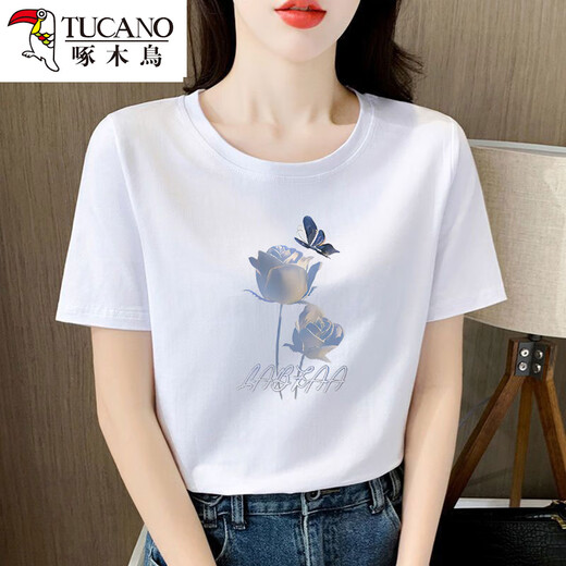 Woodpecker high-end combed pure cotton white short-sleeved T-shirt for women loose design and age-reducing niche summer clothing 2025 new top 6196 white high-quality pure cotton short M Recommended 80-105Jin [Jin equals 0.5 kg]
