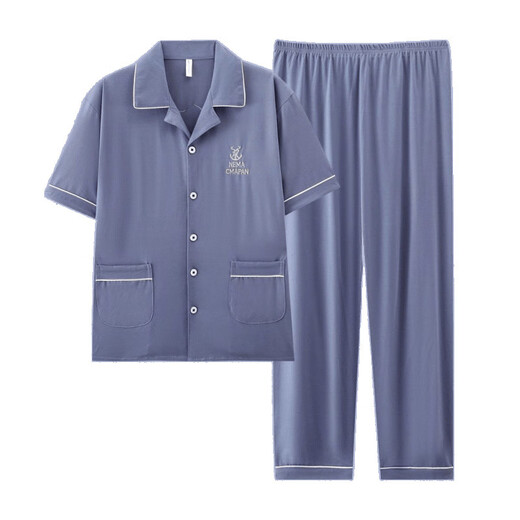 TTPMER pajamas men's summer cotton short-sleeved trousers summer cardigan thin large size student youth home wear suit G3884 blue (short-sleeved) 185 2XL recommended 140-160 Jin Jin equals 0.5 kg